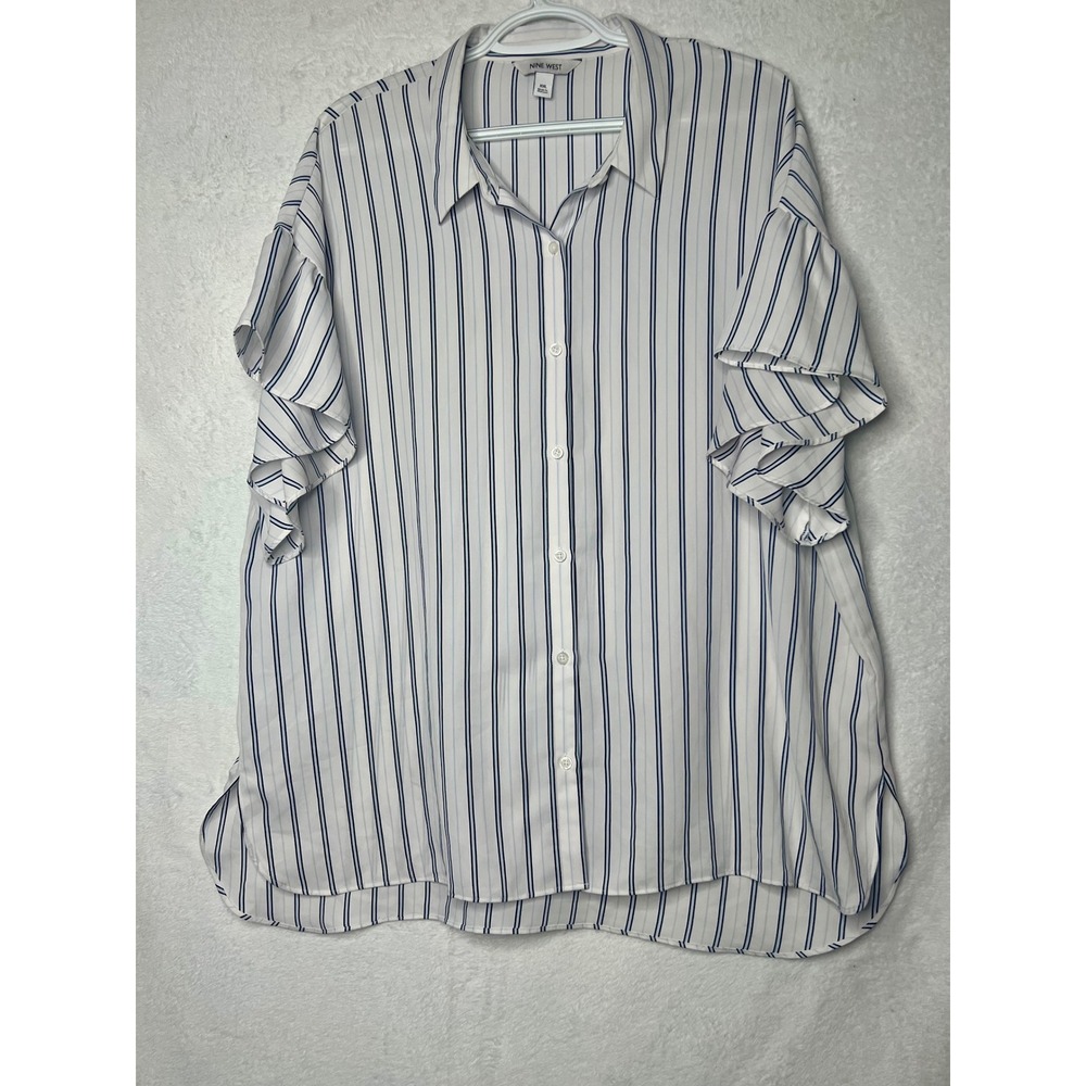 Nine West Womens XXL Blue White Striped Ruffle Sleeve Button Down Blouse